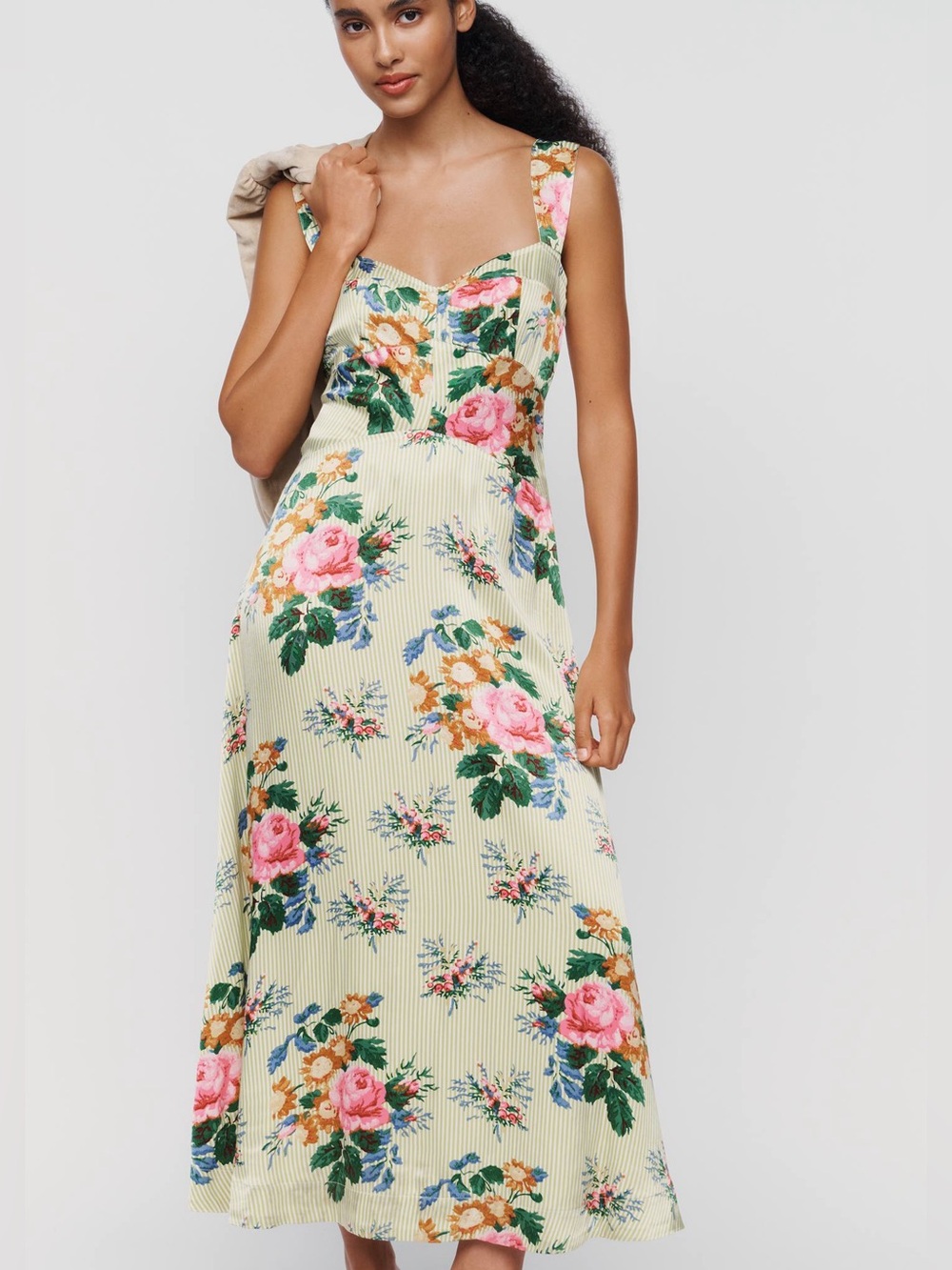 Anthropologie Maeve Jocelyn Sleeveless Slip Midi Dress Floral Green Stripe XS